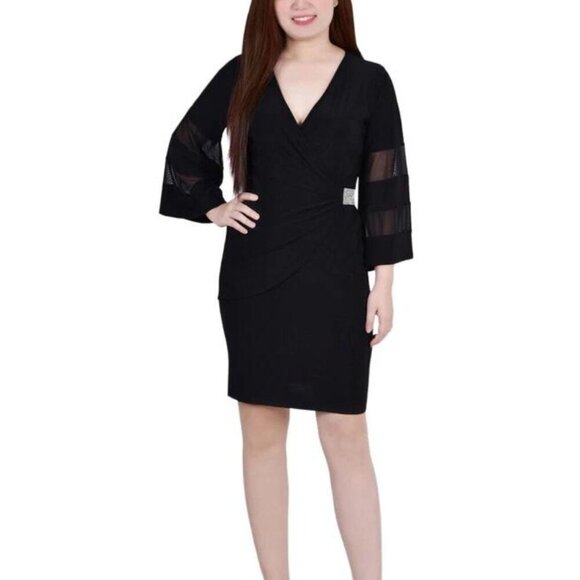 NY Collection Black Sheer-Sleeve Rhinestone Side Wrap Dress Petite Medium - Picture 3 of 4
